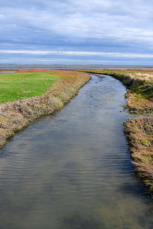 Wadden Sea with a ditch at low tide on Amrum Island, North Sea, North Frisian Island, Schleswig-Holstein, Germanyの写真素材