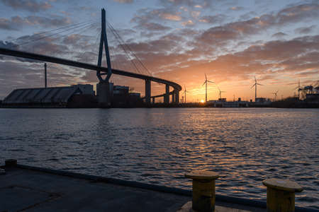 Hamburg, Germany: Koehlbrand Bridge in Hamburg in the twilightの写真素材