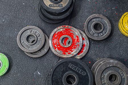 Steel and cast iron load - barbell platesの写真素材