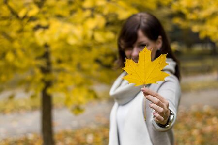 Autumn motives. Girl in autumn park.の写真素材