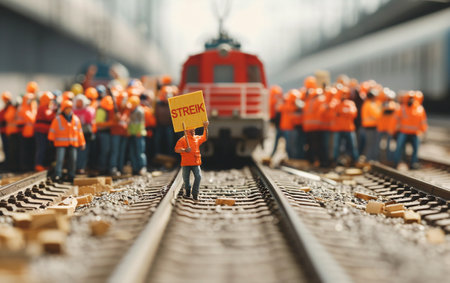 Railway strike Miniature people: Railway workers stand in front of the train with a strike sign. Selective focus.の素材