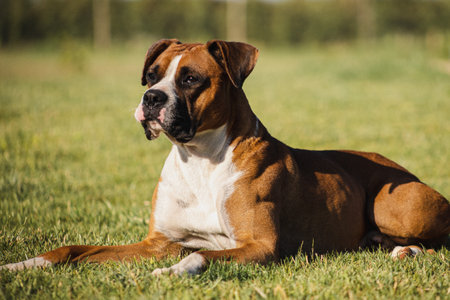 beautiful boxer dog on green meadowの写真素材