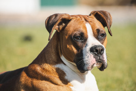 beautiful boxer dog on green meadowの写真素材