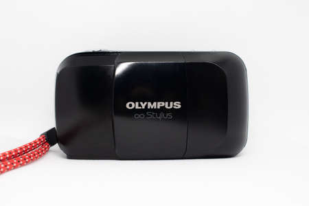 5 February 2021, Bangkok, Thailand. Close-up Olympus film camera on a white background.のeditorial素材