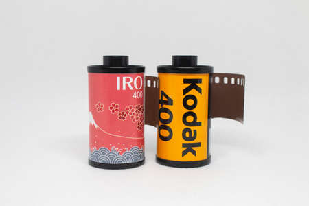 5 February 2021, Bangkok, Thailand. Close-up kodak 35mm film rolls on a white background.のeditorial素材