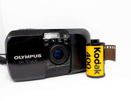 5 February 2021, Bangkok, Thailand. Close-up old film camera on a white background.のeditorial素材