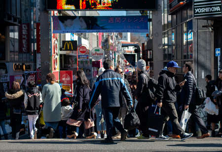 18 February 2017, Tokyo, Japan. A famous place Harajuku street with hundred of people on the background.のeditorial素材