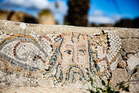 Ancient Roman mosaics on the walls of the ancient city of Side, Turkeyの写真素材