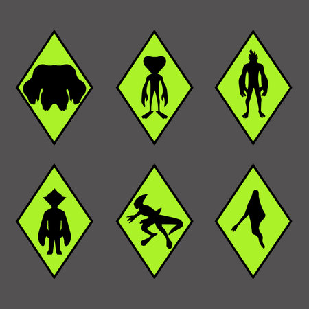 Set of black and yellow warning signs on gray background. Vector illustration.