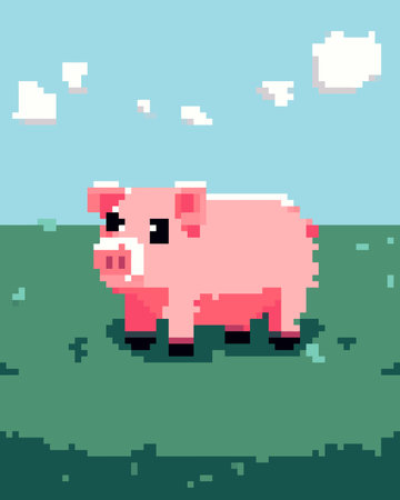 Pixel art pig on the grass. Pixelated vector illustration of a pig.の素材