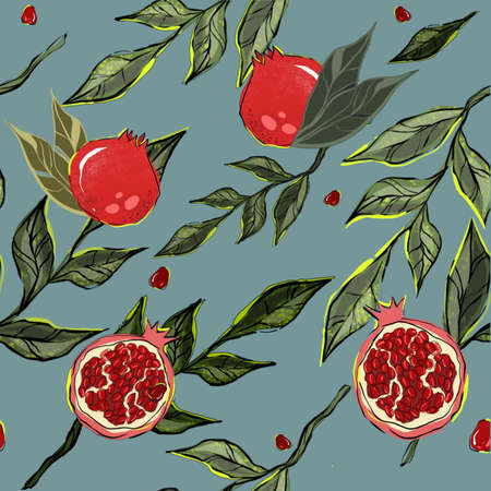 seamless pattern with pomegranate on blue backgroundの写真素材