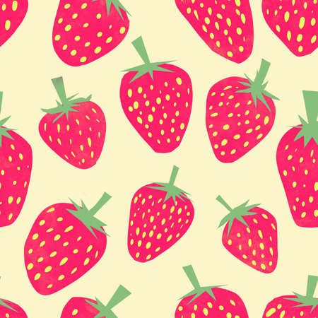 Seamless pattern of red and pink strawberries on a beige background.の写真素材