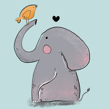 Cute elephant on the blue background. illustration for wallpaper, invitation, postcard, greeting card, clothes, textile.の写真素材