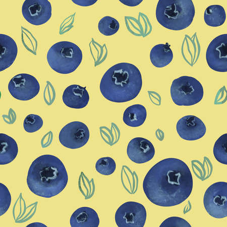 Ripe, juicy blueberries, geometric seamless pattern on a yellow background.Pattern for printing on fabrics, festive and confectionery packaging, wallpaper, wrapping, bags and paperの写真素材