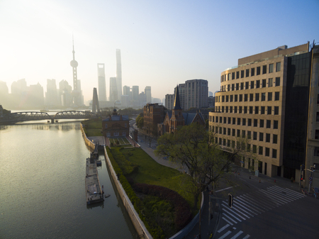 aerial view of  Lujiazui shanghai China Cityscape in the morningの写真素材