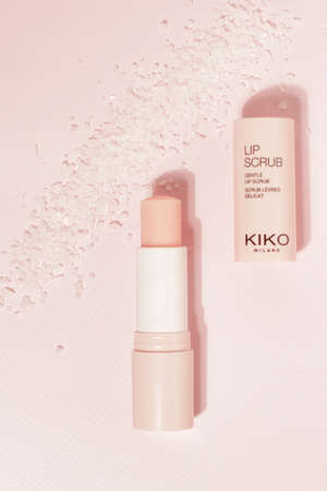 Kiko Milano lipstick salt scrub on pink background, Vitoria, Spain, 16 of October 2021のeditorial素材