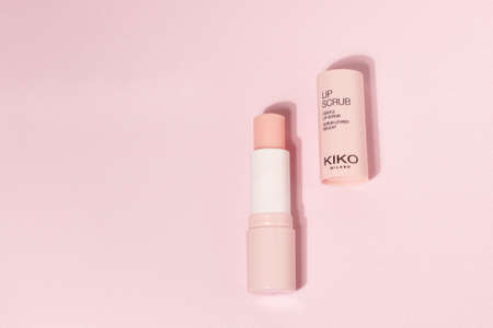 Kiko Milano lipstick salt scrub on pink background, Vitoria, Spain, 16 of October 2021のeditorial素材
