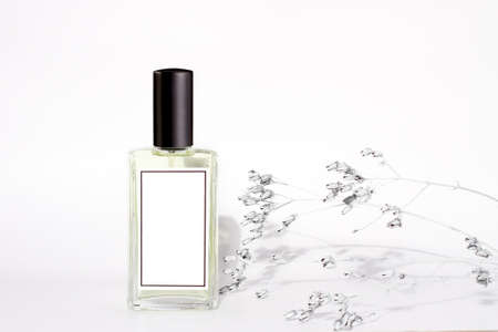 Glass perfume bottle on white, simple crystal containerの写真素材