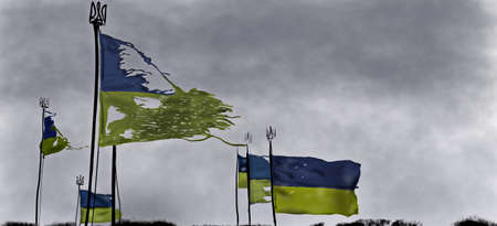 Ukrainian flag, brave and ragged on the wind, sad sky background, png formatの写真素材