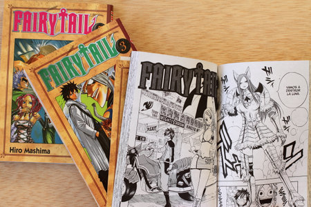 Fairy tail manga book, japanese comic style in Spanish on table, Vitoria, Spain, July of 2022のeditorial素材