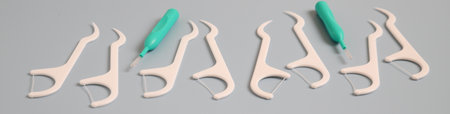 Plastic dental floss, oral tape for teeth cleaning, place for textの写真素材
