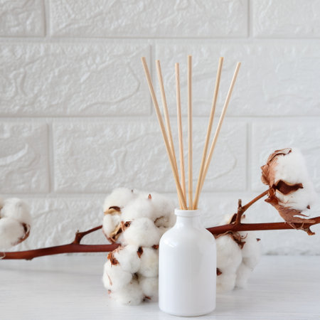 The aroma reed diffuser with the stick perfume are decorated in the room minimal design idea with cotton flowersの写真素材