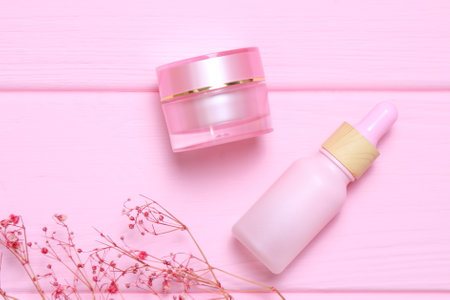 Pink cosmetic mockup bottle, beauty treatment packageの写真素材