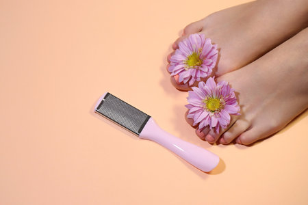 Feet skin removal, pedicure tool, copy space