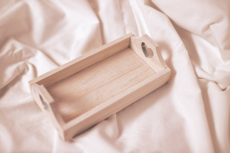 Wooden tray mockup, blank tray ready for breakfastの写真素材