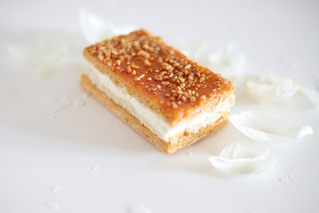 Cake with white cream, piece of creamy pie