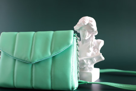 Green woman purse, small leather clutch with sculpture head woman, stylish accessoriesの写真素材