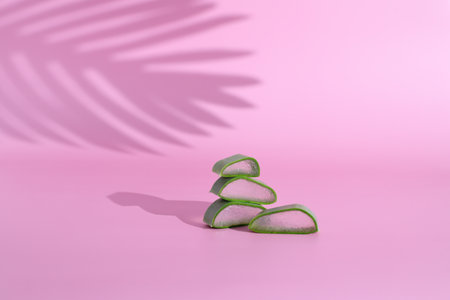 Natural aloe vera leaf slices on pink background with palm shadow, place for textの写真素材