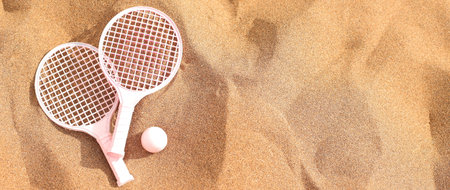 Beach tennis rackets and ball on sand, summer vacation activityの写真素材
