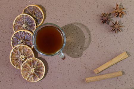Orange Cinnamon Anise on wooden background, christmas decorationの写真素材
