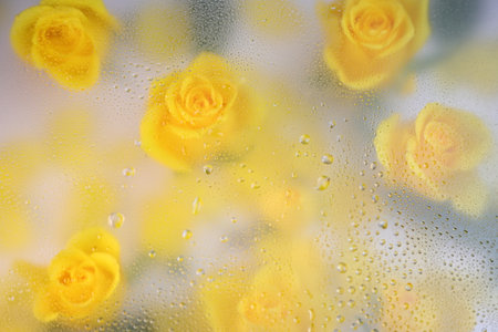 Yellow roses behind wet blurry glass window, romantic floral cardの写真素材