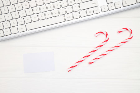 Credit card mock up near keyboard computer, Christmas and New Year decoration