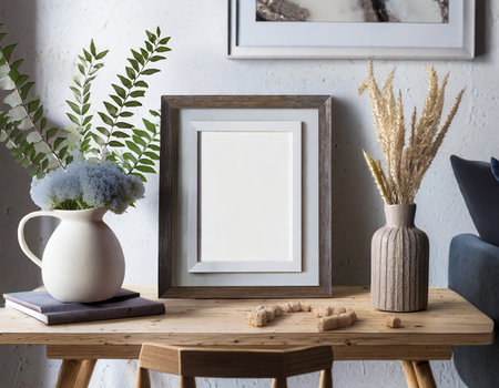 Photo frame mock up scandinavian style on wooden table, minimalistic interiorの素材