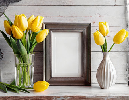 Photo frame mock up sand yellow tulips on wooden table, minimalistic interiorの素材