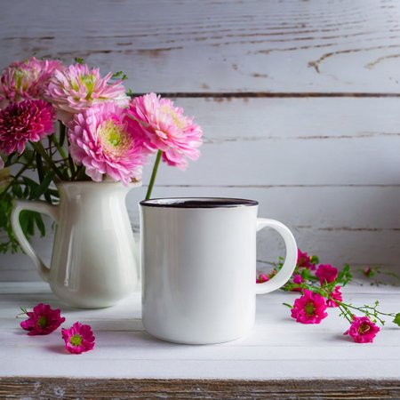 White coffee mug mockup on wooden table with flowers in vase, beverage cup mock upの素材