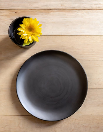 Mockup black plate ceramic, empty blank template, copy spaceの素材