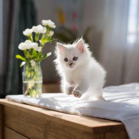 Cutr fluffy kitty with flowers, congratulation card, pet and floral conceptの素材
