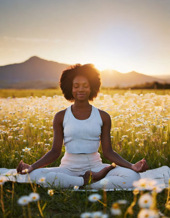 Mindfulness, mental health concept, black african woman meditation on natureの素材