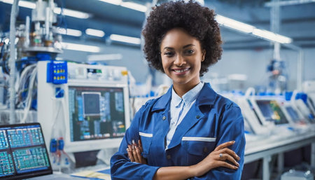 Female facility, african american woman engineer in modern technical plant, smiling looking at cameraの素材