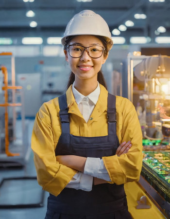 Female facility, asian young woman engineer in modern technical plant, smiling on cameraの素材