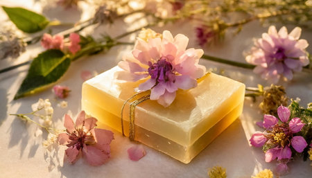 Soap bars with flowers andoils, herbal cosmeticの素材