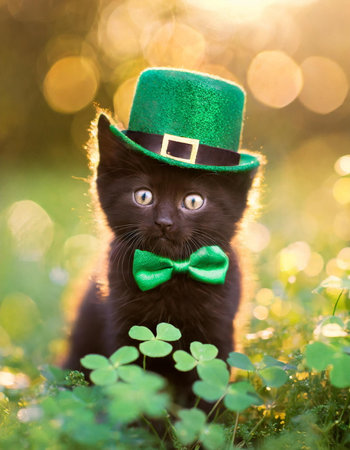 Kitten in green top hat, green grass on background, St. Patrick's Day celebration in Irelandの素材