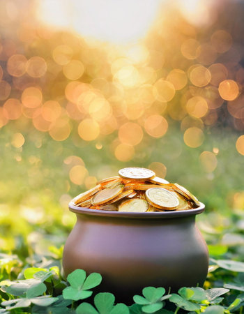 St Patrick's day concept, pot full of gold coins on clover field , luck symbolの素材
