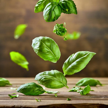 flying fresh natural basil leaves on wooden table backgroundの素材