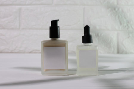 Mockup cosmetic bottles in bathroom, skin care set, lifestyleの写真素材