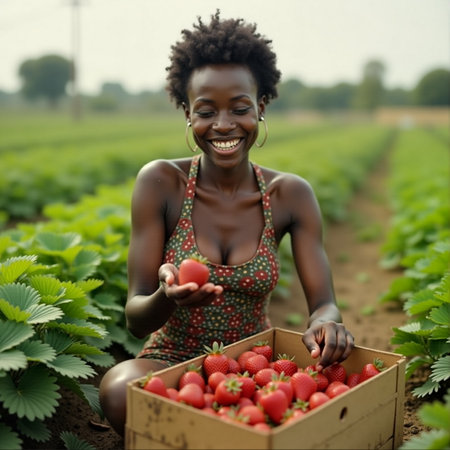 Strawberry harvest, afro woman on the field, female modern farmerの素材
